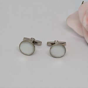 Vintage Woolno Silver Tone & White Mother-of-Pearl Cufflinks Formal Wedding Prom